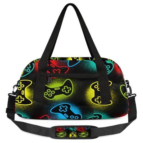 Gym Travel Duffle Bag for Boys - Game Joysticks Kids Overnighter Weekend Bag with Front Zipper Pocket for School Practice, Teens Carry-On Size Sleepover Bags