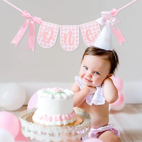 Image of Bow First Birthday High Chair Banner - Pink Bow 1st Party Decoration, Coquette First High Chair Banner, Coquette One Birthday Photo Prop