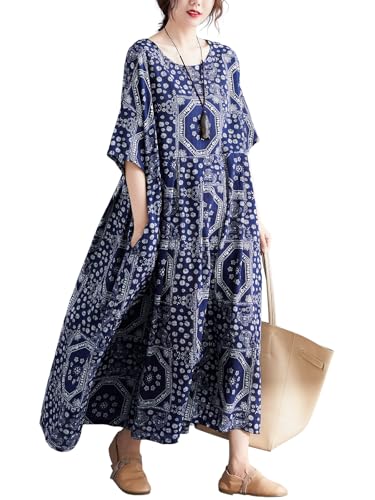 Women Plus Size Dresses Summer Vintage Print O Neck Oversized Boho Vacation Casual Robe with Side Pockets
