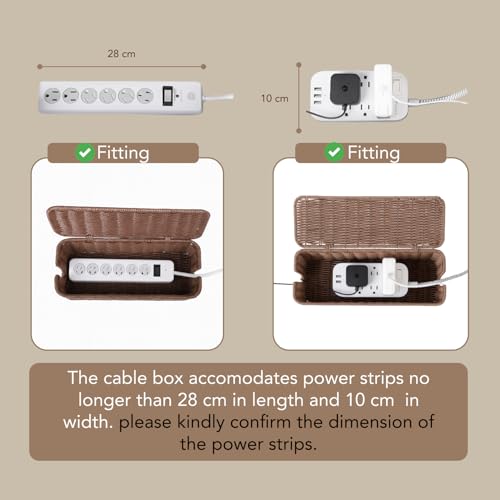 Image of Soko Woven Faux Rattan Cable Management Box| Cord Hider with Lid, 2 Open Slots Surge Protector | Power Strips, Router, TV, Gadget Wires Organizer Tray for Desktop, Table-Home, Office (Large) Brown
