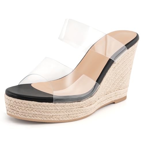 WIRALOMI Women Clear Wedge Heel Sandals Slip On Espadrilles Platform Sandals Slide Summer Beach Crystal Mules Sandals