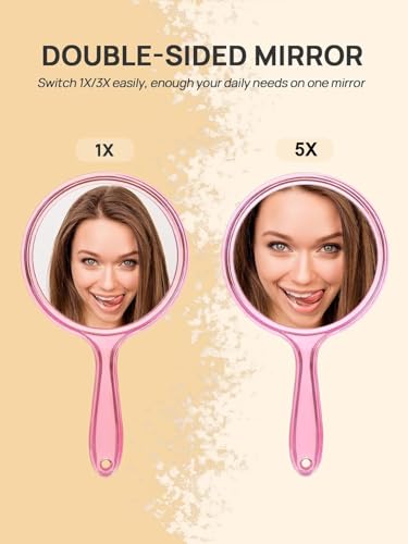 Image of Handheld Makeup Mirror with Magnification, for Desk Make Up, Magnifying Hand Held Mirror (TRANSPRENT Pink Mirror)