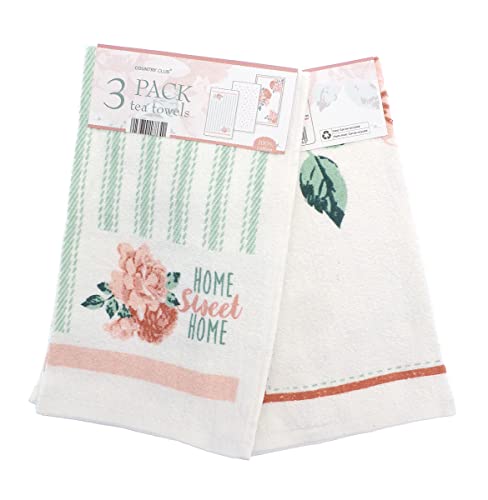 Image of COUNTRY CLUB 100% Cotton Pack of 3 Home Sweet Home Design Velour Kitchen Tea Towels