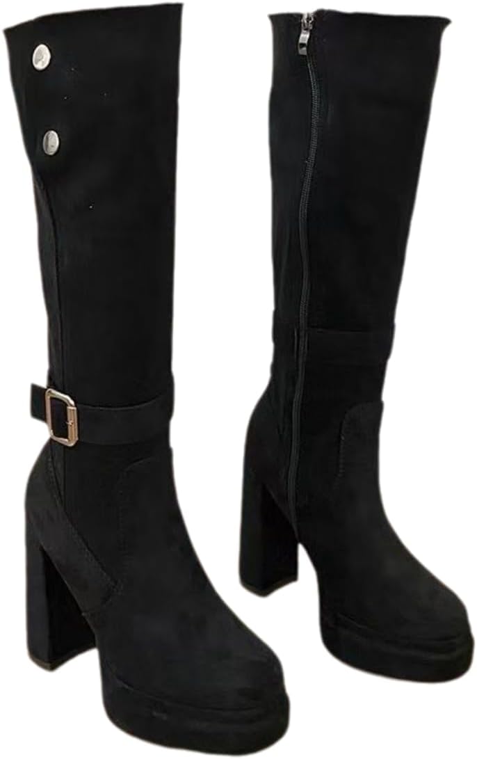 Women's Knee High Platform, Suede Block Heel, Buckle Detail, Taupe