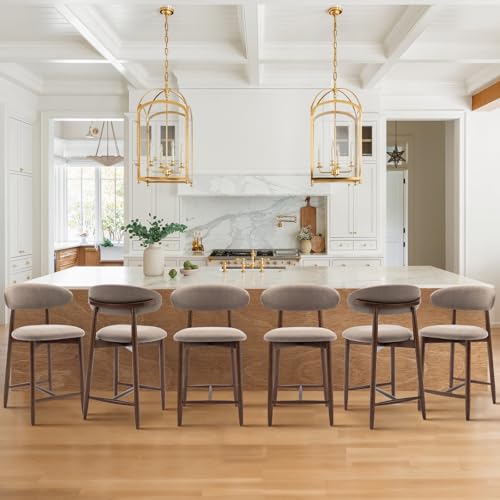Image of Upholstered Counter Height Bar Stools Set of 6, Kitchen Island Stools with Back, Modern Counter Stools Island Bar Chairs with Wood Legs for Kitchen Island Dining Room Bar, Camel