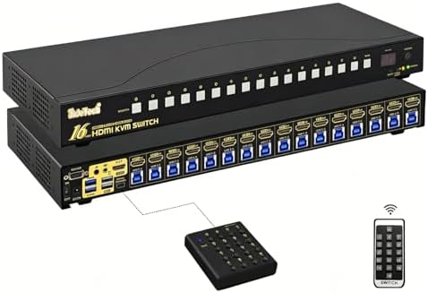 JideTech 16 Port HDMI KVM Switch 4K@60Hz, USB 3.0, HDCP 2.1 & EDID, Control 16 Computers via One Monitor Keyboard Mouse, Hotkey Switching, 1U Rack Mount, Windows Mac Linux Unix