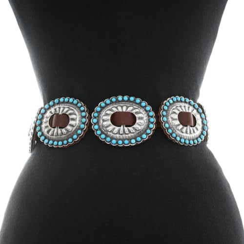 Full Size Sleeping Beauty Turquoise Sterling Navajo Concho Belt Hammered Silver Design on Genuine Leather 00412