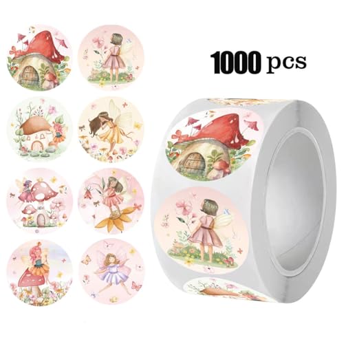 1000 Pcs Watercolor Fairy Mushroom Stickers Roll, Cute Pink Floral Fairy Round Stickers for Kids, Party Favors, Gift Wrapping, Scrapbooking and Journaling