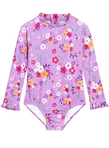 Image of Alakuoti Long Sleeve One Piece Ruffle Swimsuit for Toddler Girls Baby Girl Rashguard Shirt with UPF 50+ Sun Protection