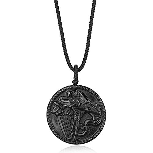 COAI Adjustable Black Obsidian Stone Archangel Mens Womens Saint Michael Pendant Necklace