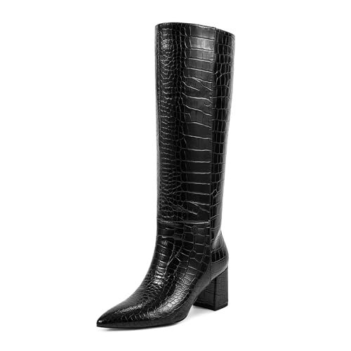 wetkiss Knee High Boots Women Chunky Heel Faux Crocodile Boot Pointed Toe Pull-On Tall Long Boots (Crocodile Black Size8)