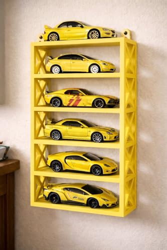 Image of AApnatva 6-Car Display Rack - Premium Matte Black Tabletop Organizer with Tire Slots & Side Guards for 1:64 Scale Diecast Cars (Hot Wheels, Matchbox, Tomica,)(NO CAR INCLUDED) (Yellow)