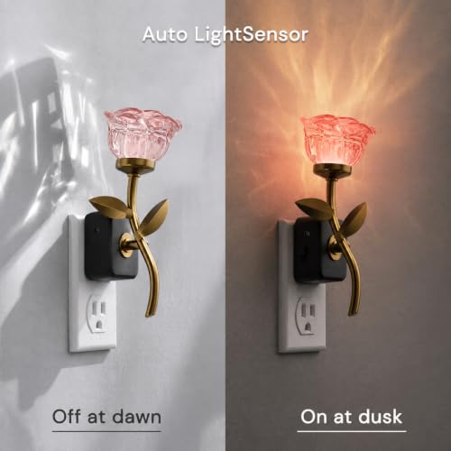Image of L LOHAS LED 2 Pack Night Lights Plug into Wall, 3000K Soft White | Pink Rose Floral Nightlight with Dusk to Dawn Sensor, 0-100lm Adjustable Brightness, for Hallway Bedroom Stairway