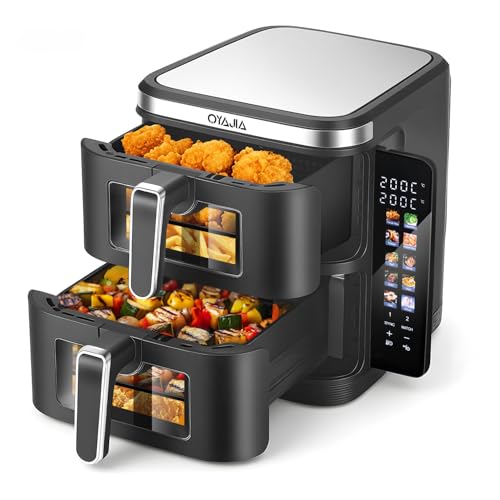 Double Stack Heißluftfritteuse, Vertikale Doppelkammer Heißluftfritteuse, Klappbares Touchdisplay, Airfryer Doppelkammer mit 2 vertikale Schubladen 11L, 80–200°C, ölfrei Air Fryer für große Familie