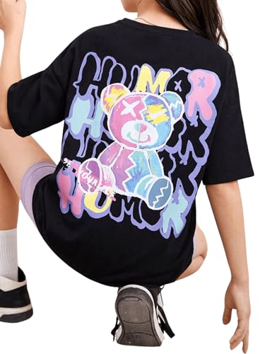 SweatyRocks Girl's Letter Graphic Print Half Sleeve T Shirt Round Neck Drop Shoulder Oversized Tees4