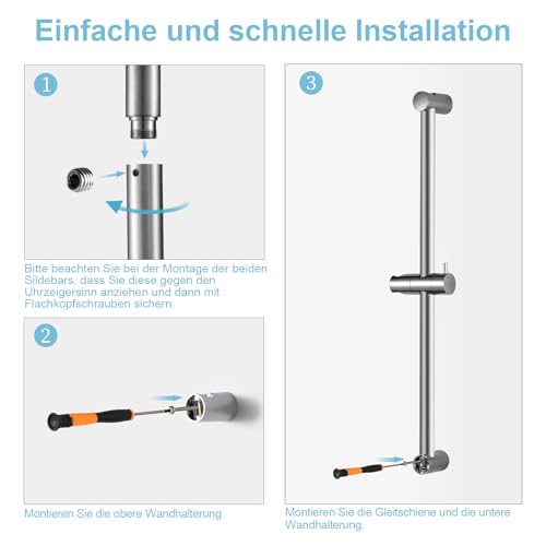 OFFO Duschstange 60 cm, Edelstahl Brausestange 60cm mit Duschkopfhalterung, Segmentiert Brausestange Verstellbar Abstand 28 bis 61cm, Chrom