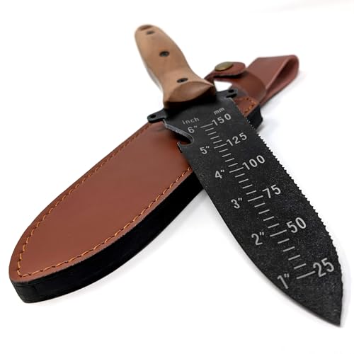 Deluxe XL Hori Hori Garden Knife with Thick Leather Sheath, Black Stainless Steel Blade, and Walnut Handle