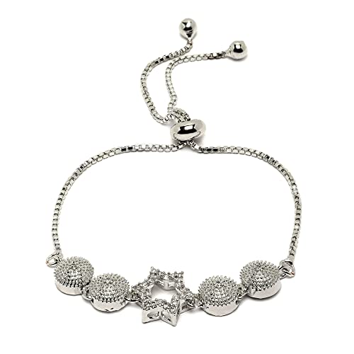 Image of ZENEME Set of 2 Rhodium Plated Silver Toned Crystals Contemporary Cubic Zirconia Brass Adjustable Bracelet For Women & Girls