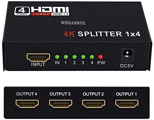 4K HDMI Splitter 1 in 2 3 4 Out 4K@30HZ, WEILIANTE V1.4 HDCP Powered HDMI Splitter with AC Adaptor 1 Input to 4 Outputs, Supports 3D 4K HD1080P for PS4 XboxRoku Blu-Ray Player Apple TV HDTV