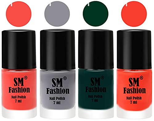 Image of Nail Polish Combo Set (Pack of 4) Quick Dry Gel Finish Nail Paint | Coral,Gray,Dark Green,Light Orange | 7 ml Each