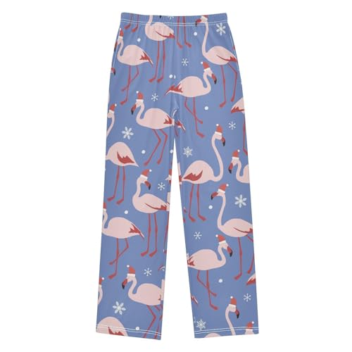 Xmas Flamingo Snowflake Boys Long Pants Soft Trousers Elastic Waist Kids Lounge Bottoms with Pockets S-XL