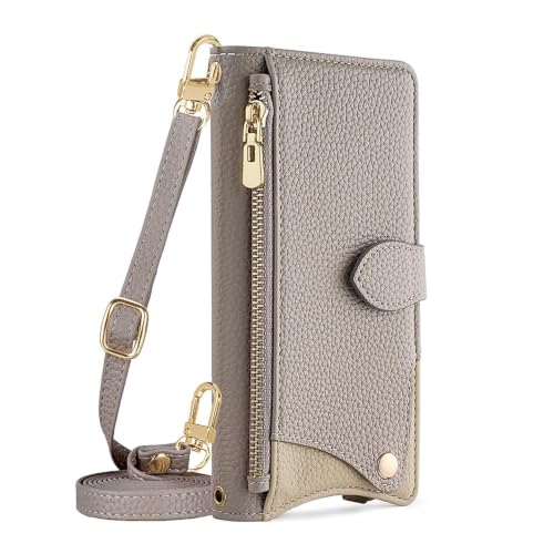 Case for Huawei Pura 90 Pro Max/90 Pro, PU Leather Shell with Zipper Card Insertion Adjustable Detachable Lanyard Holder Cover(Gris,90 Pro)