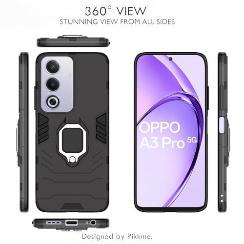 Image of Pikkme D5 Tough Armor Back Cover | 360 Protection Case | Ring Holder Stand Bumper Case for Oppo A3 Pro 5G (Black)