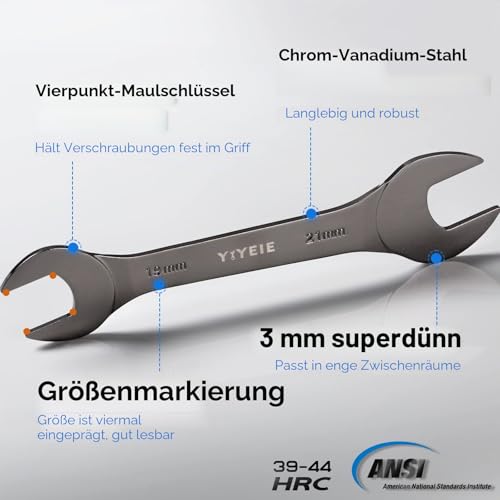 YIYEIE Ultraflacher Maulschlüssel-Set 10-teilig (5,5/7-27mm) | Schraubenschlüssel Set aus CR-V Stahl | Gabelschlüssel für enge Räume | Schlankes Design mit Nickelbeschichtung