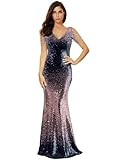 Women's V Neck Sequin Formal Evening Dress Tassel Bead Sleeve Mermaid Long Gown 1920S Party Maxi Military Dress (Blue&Pink, L)