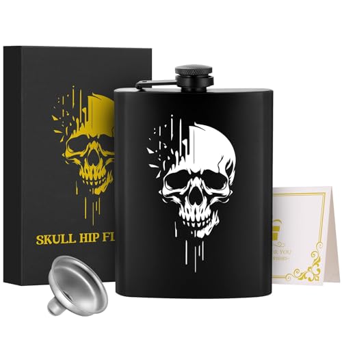 Fiaschetta in acciaio inox 226,8 g, fiaschetta tascabile, con imbuto e biglietto di auguri, confezione regalo, teschio bianco, ideale per campeggio, escursionismo e attività