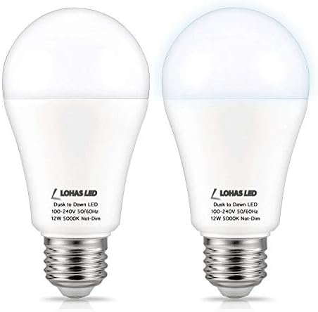 LOHAS Dusk to Dawn LED Outdoor Lighting, 12W(100Watt Equivalent) Smart Sensor Light Bulbs Daylight 5000K, A19 LED Bulb E26 Automatic On/Off Security Yard Lights, Perfect for Porch Garage Patio, 2 Pack