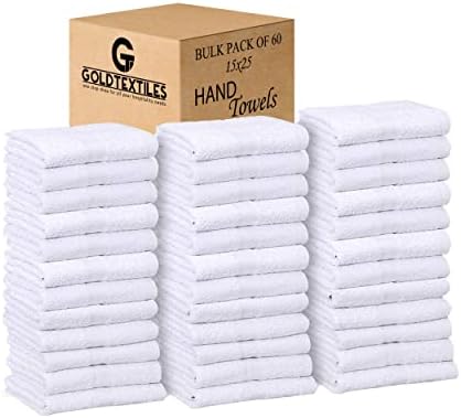 GOLD TEXTILES Bulk Pack 60 Pcs (5 Dozen) White Economy 15x25 Inches Basic Hand Towel - 2.25 lb/dz
