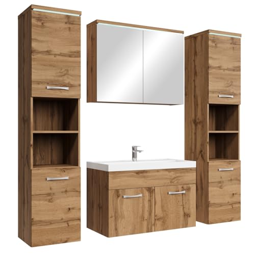 Badplaats Badmöbel Komplettset Paso XL LED 80 x 40 cm Eiche - Badezimmermöbel mit Waschbecken, Spiegelschrank und 2 Badezimmerschränke