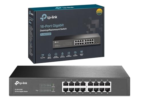 TP-Link 16-Puertos Gigabit Ethernet Switch No Gestionable | Plug and Play | Carcasa Metálica| Desktop/Montaje en Rack| Sin Ventilador | Vitalicia Limitada (TL-SG1016D)