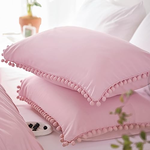 YIRDDEO Dust Pink Full Size Ball Pom Fringe Design Comforter Set 3pcs, Boho Aesthetic Luxurious Microfiber Comforter Set