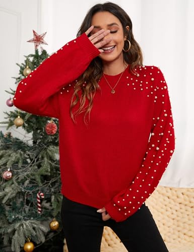 Image of Blooming Jelly Women's Chunky Sweater Crewneck Sweatshirt Knit Lantern Sleeve Oversized Pullover Sweater with Pearls