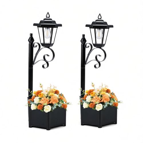 DJGIFI 2 Pack Solar Floor Lamps with Planter (2-in-1 Design), 29.5" Outdoor LED Garden Lights - IP44 Waterproof, Warm White Auto-On at Dusk, Easy Install for Lawn, Patio, Porch, Yard & Pathway Decor