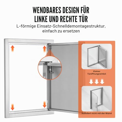 VEVOR Grillzugangstür, 432 x 610 x 46 mm, Einzelne Außenküchentür, Flächenbündig Montierte Edelstahltür, Vertikale Wandtür mit Griff, für Grillinsel, Grillstation, Außenschrank usw.