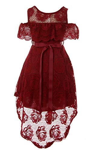 Girls Off Shoulder Hi-Lo Floral Lace Rhinestone Flower Girl Swing Summer Dress USA 4-162