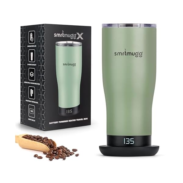 X Heated Coffee Mug 19 oz., 8 Hour Battery Life, Self-Heating, Adjustable Temp Controlled, LCD Screen, Includes Cover with Magnetic Slider (Black) (Sage Green)