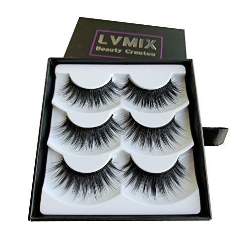 LVMIX False Eyelashes 3D Faux Mink Eyelashes Pack Full Fluffy Fake Lashes Handmade 3 Pairs