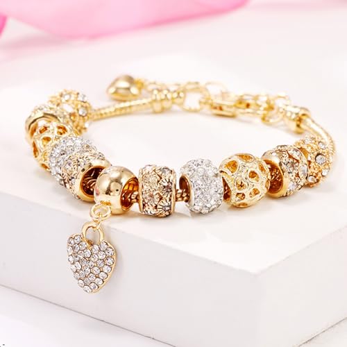 Leprato Gold Plated Heart Charm Bracelet Glass Crystal Beaded Bracelet Stunning Jewelry Gifts for Women3