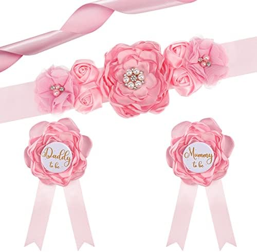 3 Packs Baby Shower Decorations Maternity Sash Mummy to Be & Daddy to Be Corsage Pin Set Baby Shower Maternity Photography Gifts Pregnancy Flower Belly Belt Baby Welcome Party Gifts