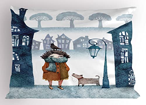 Ambesonne Urban Pillow Sham Set of 2, Little Girl in Foggy Town Walking Her Bird and Dog Winter Outdoor Scenery, Quality Microfiber Bedding Item for All Seasons, 30