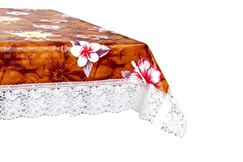 Image of The Furnishing Tree Waterproof PVC Rectangle Shaped 2 Seater Table Cover WxL 45x70 inches Floral Pattern Orange with White Border lace
