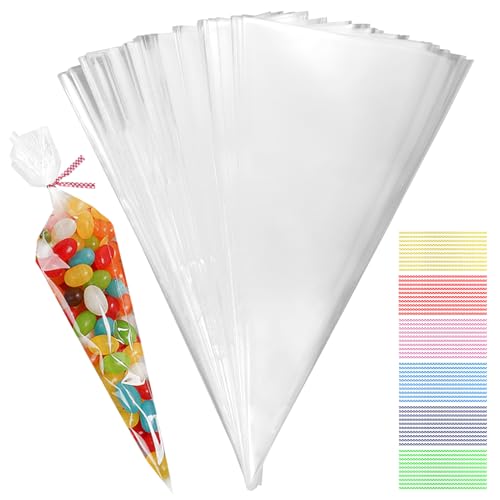 100 bolsas transparentes para caramelos, 13 x 25 cm Conos de Chuches para Cumpleaños Bolsas Transparentes, Bolsas Celofan Transparente con lazos, para caramelos, galletas, bodas, Fiesta