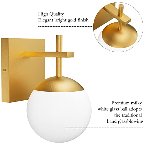 Image of Ralbay Gold Wall Sconce, Mid Century Modern Gold Wall Light Fixtures Milky Glass Indoor Wall Lamp for Home Decor Bathroom Kitchen Living Room Vanity Hallway, Gold 1 Light (Exclude Bulb)