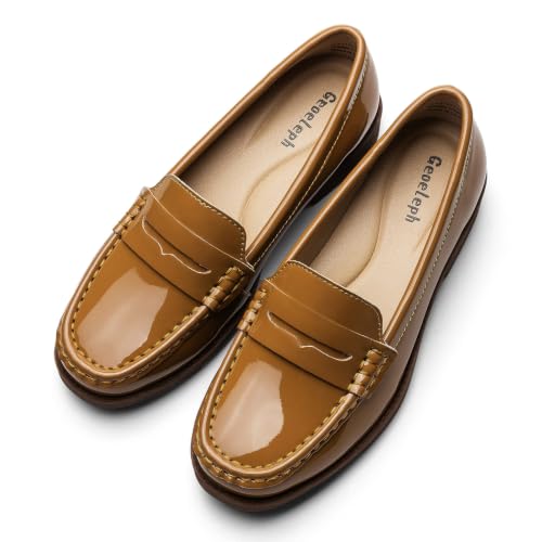 Geoeleph Women's Comfortable Leather Penny Loafers Cute Slip on Business Casual Dress Shoes Office Work Flats Lightweight Everyday Walking Shoes for Women, Brown Patent, 8 M US by Geoeleph - Used condition - Image 8