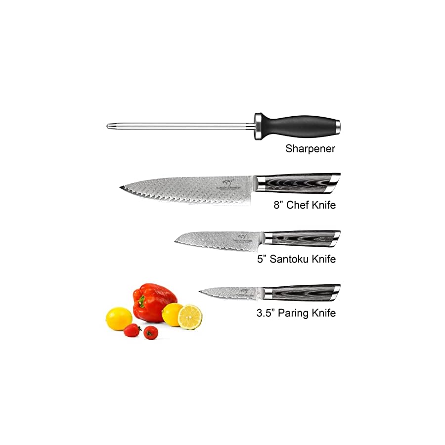 NANFANG-BROTHERS-Knife-Set-Damascus-Professional-Chef-Knife-4-Pieces-Kitchen-Knife-Set-Ergonomic-Wooden-Handle-Chef-Knives-Sheath--Knife-Sharpener NANFANG BROTHERS Damascus Knife Set 4 PCS, Japanese Knife Set, Chefs Knife Sets Professional, Kitchen Knife Set, 8" Chef Knife, 5" Santoku Knife, 3.5" Paring Knife and Sharpener