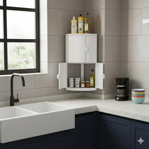 Image of BRANCO Double Door Corner Wall Mounted Multipurpose Bathroom Cabinet with Double Door Shelf Organizer (Ivory)